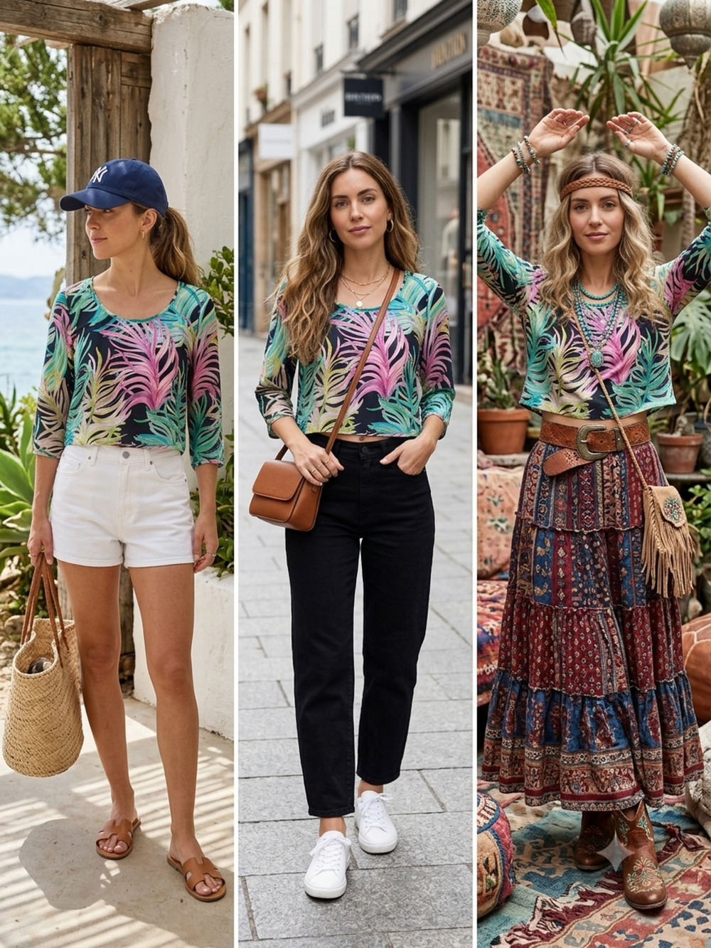 Colorful Abstract Palm Leaf Silk Cropped Blouse Bright Tropical Summer Top Sz-S